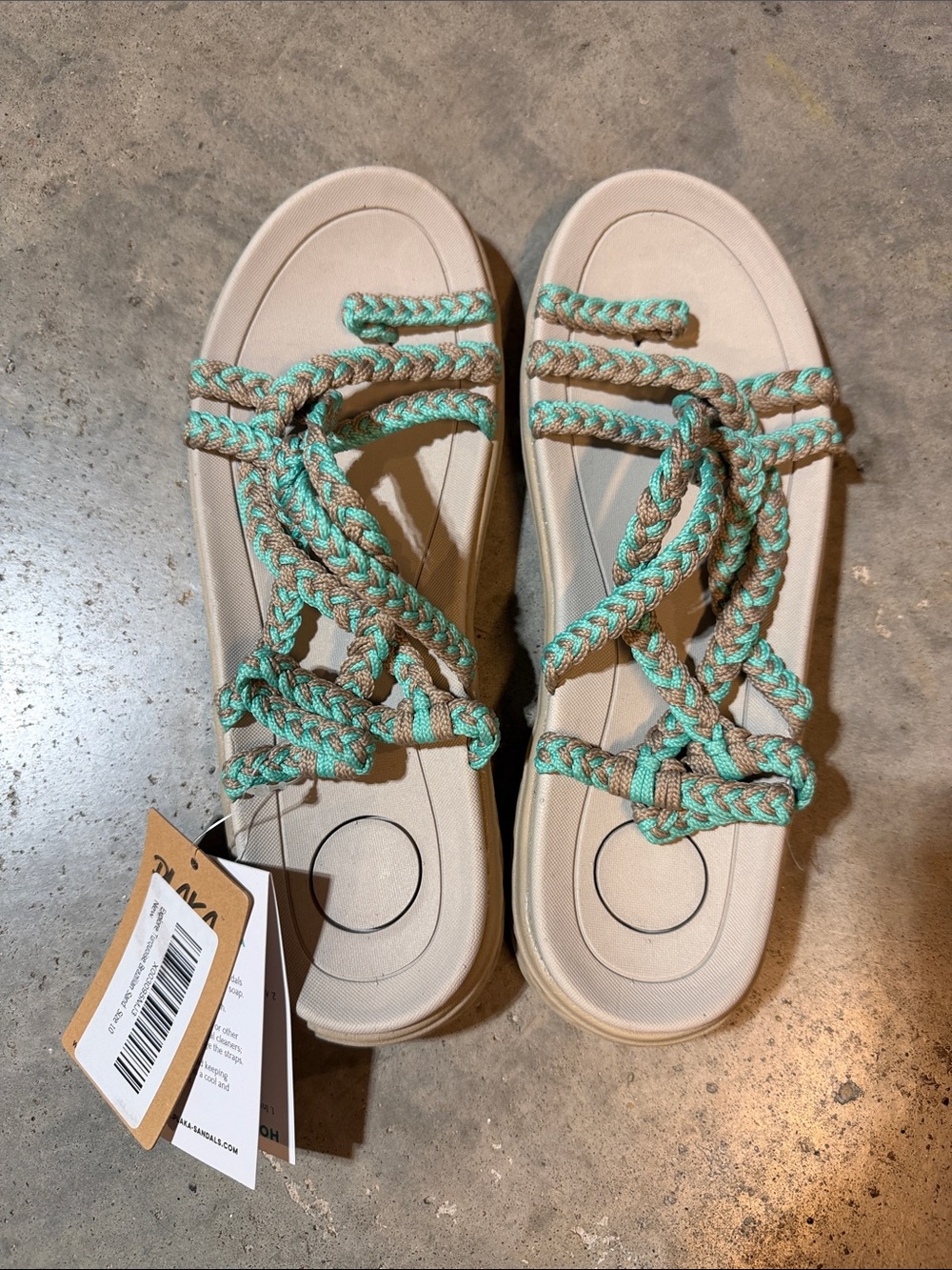 Plaka Braided Rope Strap Sandals in Aqua and Beige Sz 10.  NWOB. Box 12